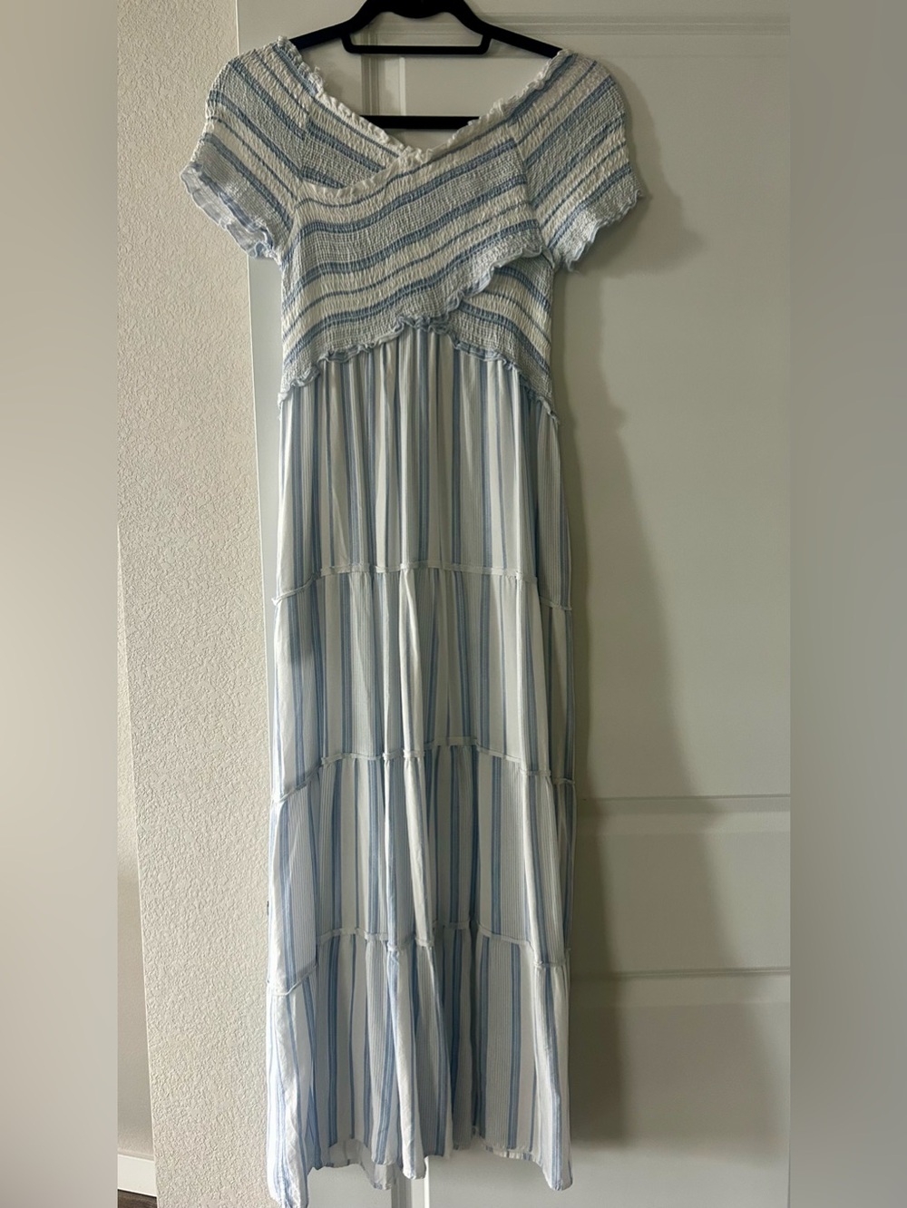 Striped Smocked Bodice Maxi Dress in Light Blue and White